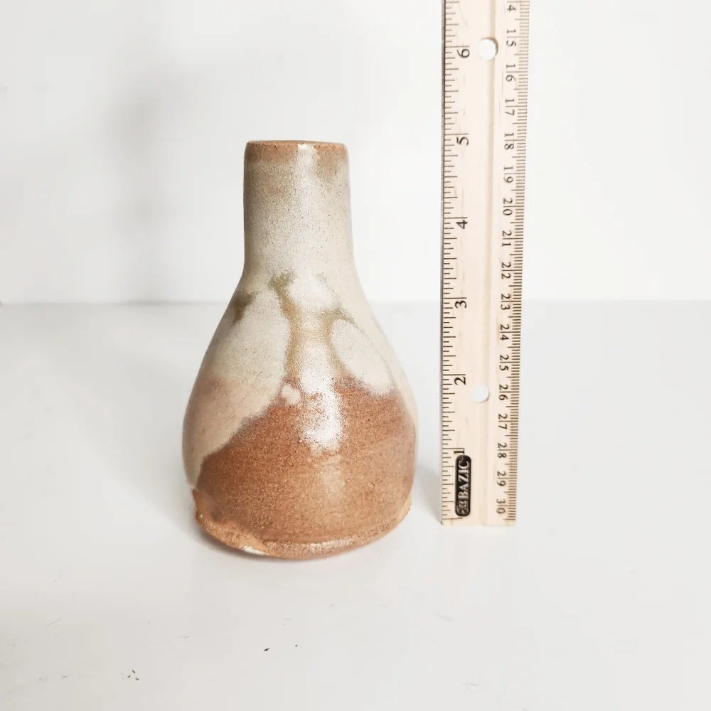 Studio Artisan Handmade Pottery Vase Brown Beige Earthenware Drip Glaze 5 Inches